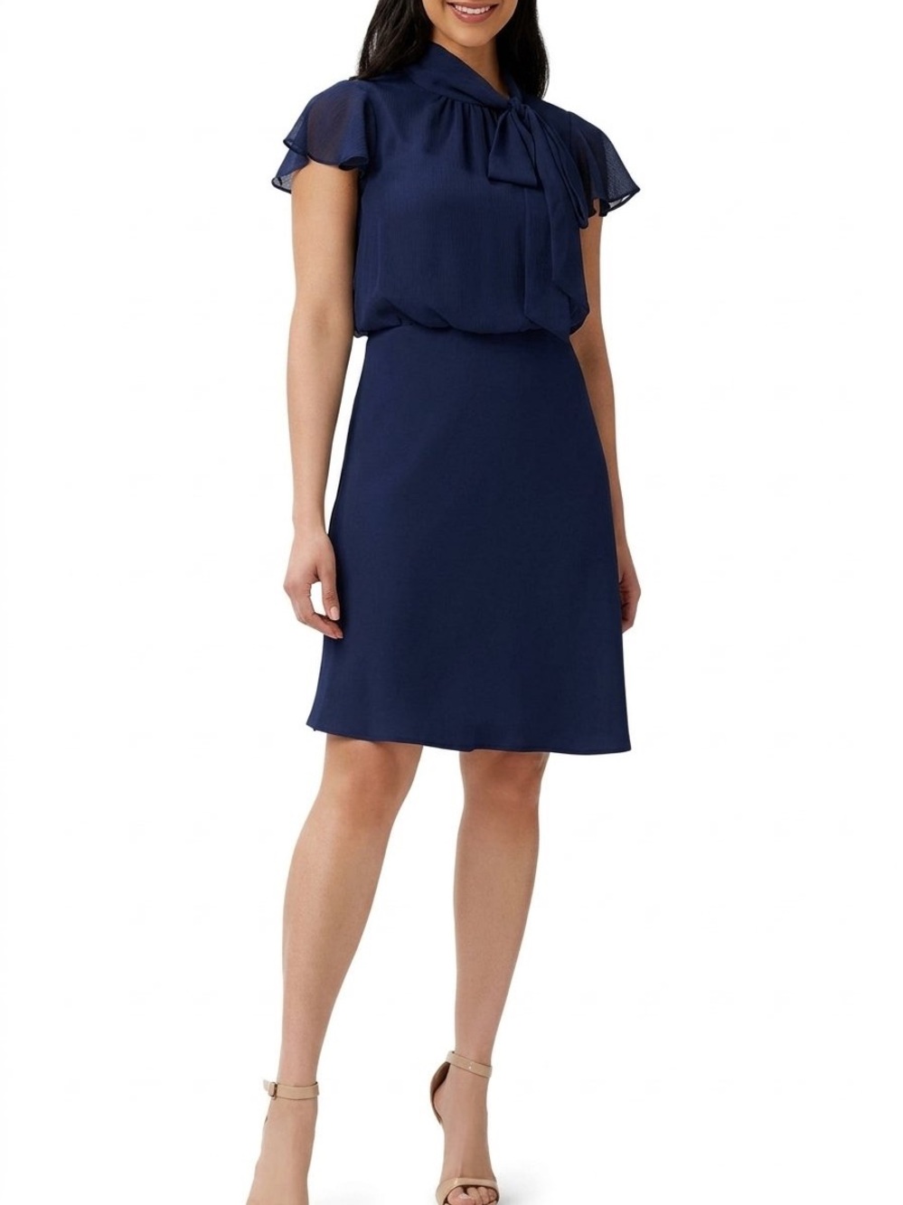 NWT Adrianna Papell Navy Blue Chiffon Mock Neck Bow Dress Size 6